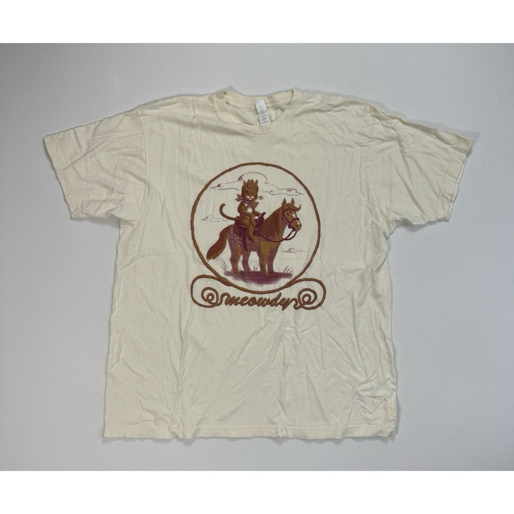 Tultex Men XL T-shirt Cat Cowboy Western Meowdy Sheriff Graphic Tee White Cotton